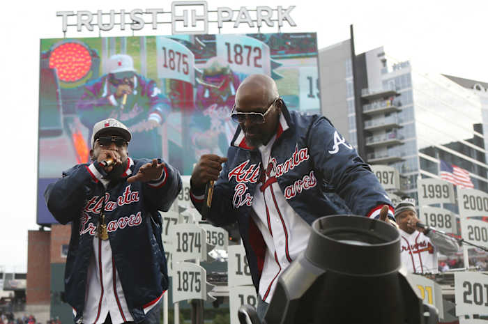 Nov 5, 2021; Atlanta, GA, USA; Recording artists Big Boi and Sleepy Brown perform during the World Series championship rally at Truist Park.